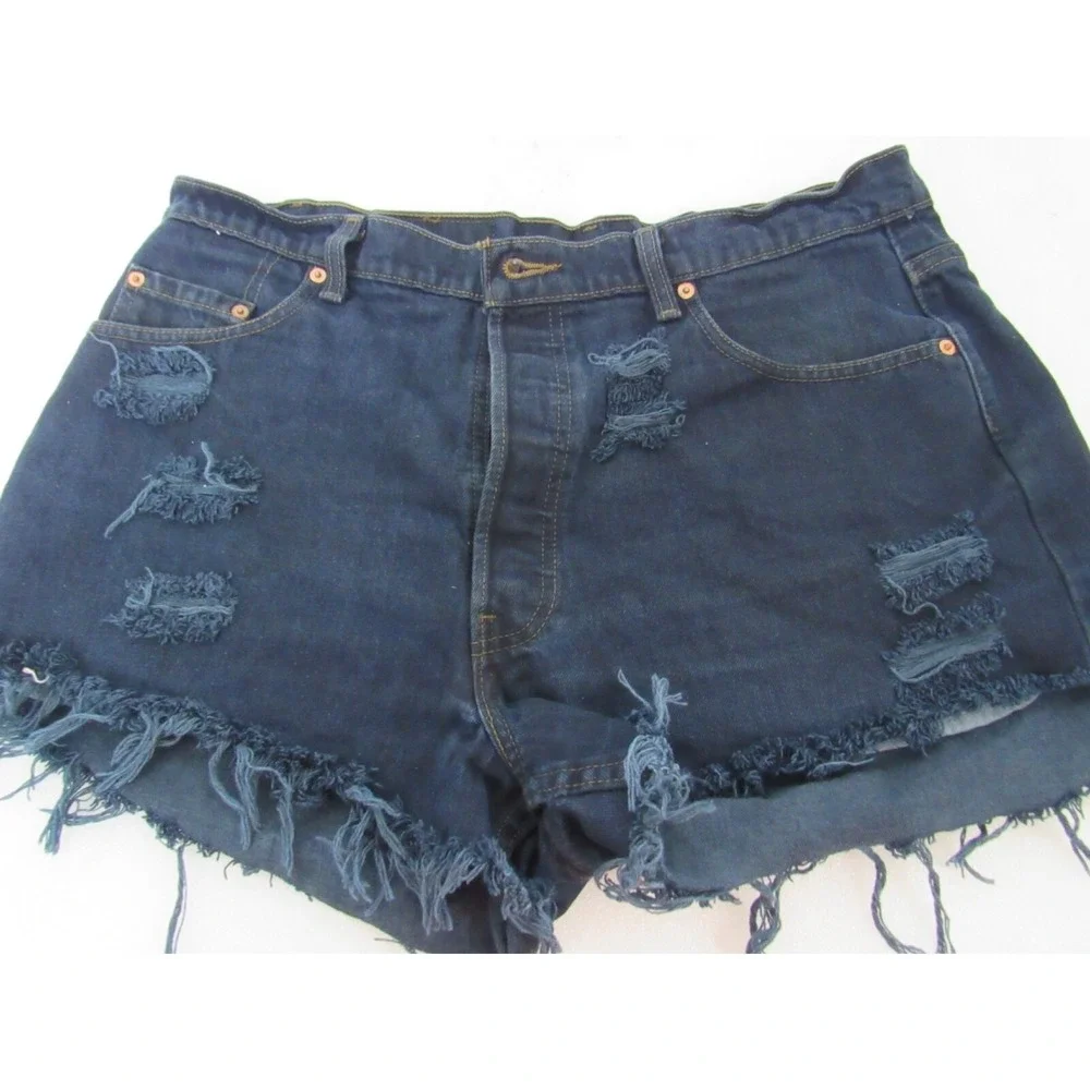 Levis 525 Jean Shorts Blue  Frayed  Cutoff  Dark Wash High Rise Button Fly Sz 38
